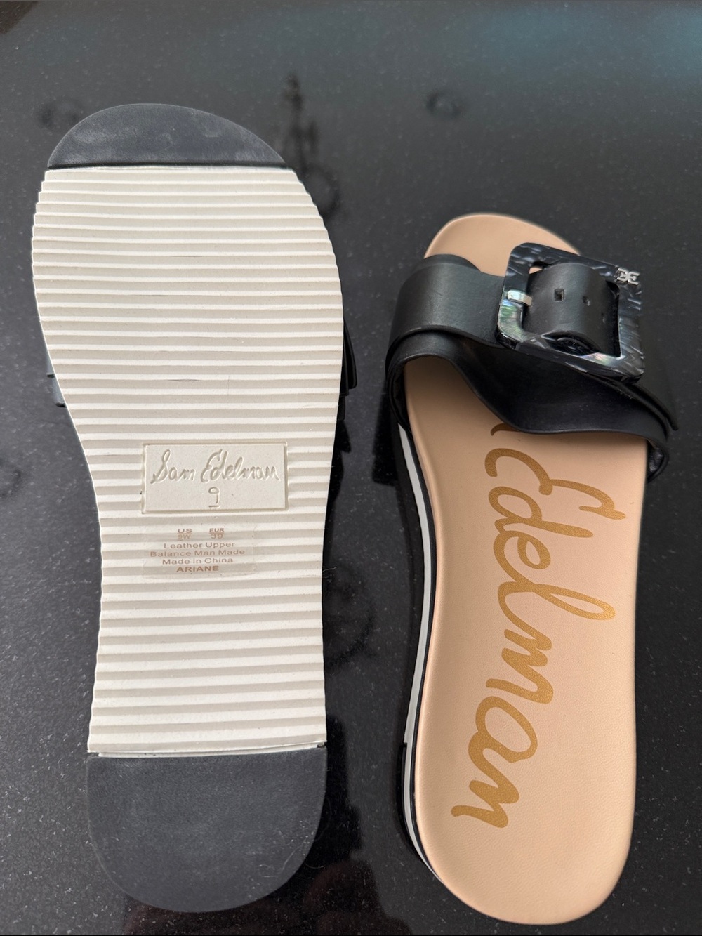 Sam Edelman Black Buckle Slide Sandals with Tortoiseshell Accent - Picture 3 of 4